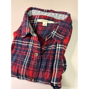 Miami Women Red Navy Blue Plaid Button Down Roll Tab Sleeve Rayon Shirt M PH660